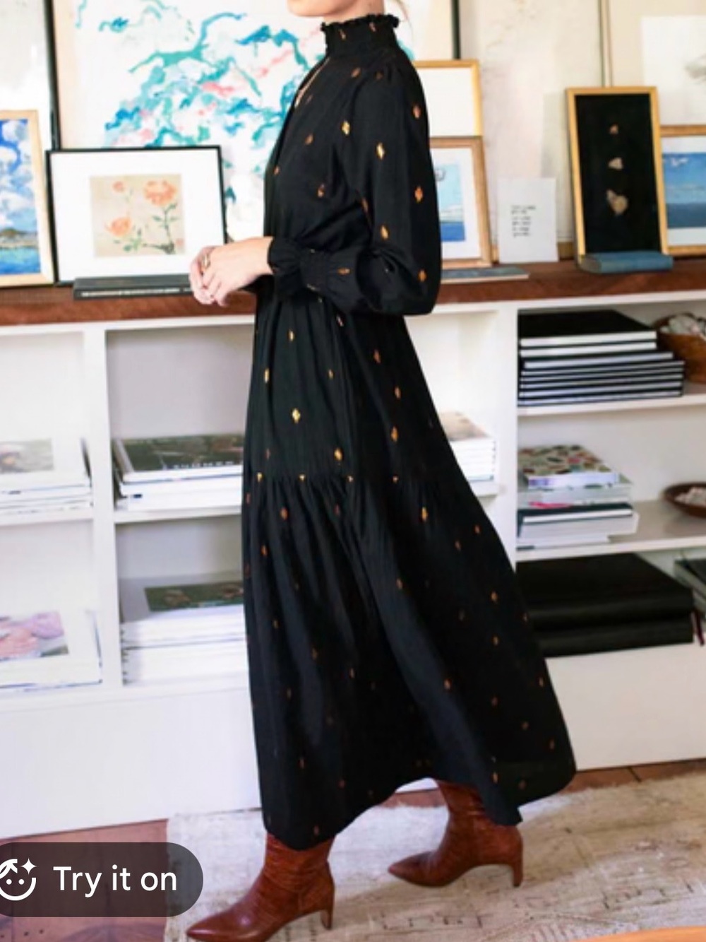Emerson Fry Black Maxi Dress with Gold Dot Print